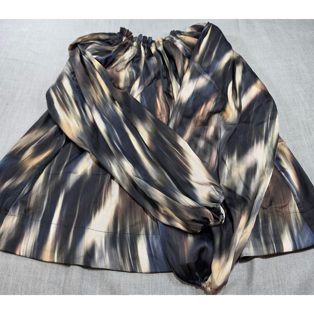 H&M Blouse Women Medium Black Abstract Print Excellent Elastic Cuff‎ Ribbon Tie